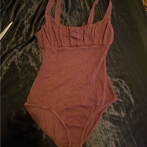 Free People Ribbed Square-Neck Bodysuit in Plum